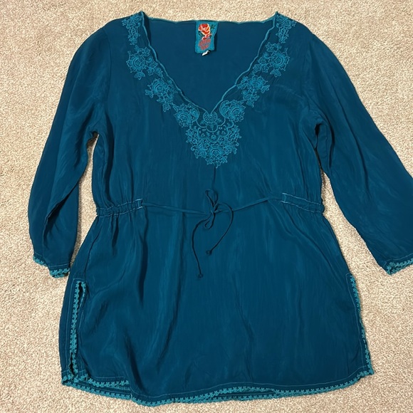 JOHNNY WAS Teal Embroidered Blouse, Small - Picture 5 of 8